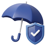 Blue umbrella with a shield and checkmark, symbolizing protection or warranty